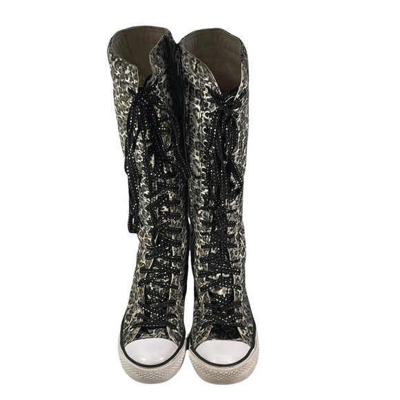 Mengsai Boots Girls Size 2 leopard Print Sneakers Mid Knee High Canvas - Picture 2 of 8